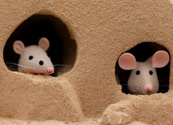 Image similar to dslr photo still of a mouse inside a sand castle, 8 k, 8 5 mm f 1. 4