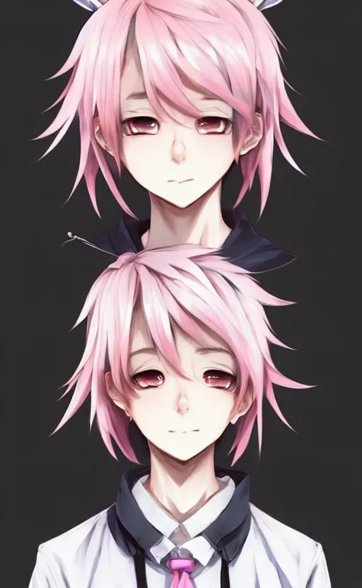 Image similar to character concept art of an cute anime boy with pink hair and wolf ears | | cute - fine - face, pretty face, key visual, realistic shaded perfect face, fine details by stanley artgerm lau, wlop, rossdraws, james jean, andrei riabovitchev, marc simonetti, and sakimichan, tranding on artstation