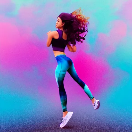 Image similar to a award winning full body shot of a beautiful woman in a croptop and leggings with a ombre purple pink teal hairstyle with head in motion and hair flying, outrun, vaporware, vivid colors, highly detailed, fine detail, intricate