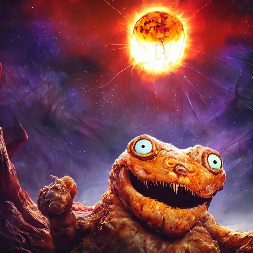 Image similar to eldritch horror bloody garfield in space, hd, 8 k, giant, epic, realistic photo, unreal engine, stars, prophecy, powerful, cinematic lighting, destroyed planet, debris, violent, sinister, ray tracing, dynamic, epic composition, dark, horrific, teeth, grotesque, monochrome drawing, hellscape