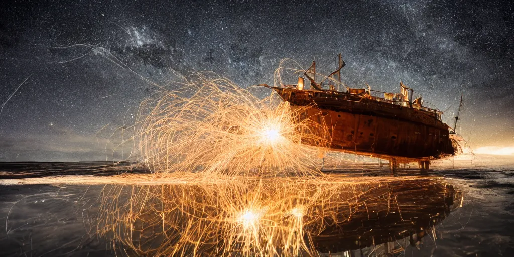 Prompt: steel wool spinning! a detailed grounded shipwreck, aground, beautiful tropical beach at night time, puddle reflections!, night time, highly detailed, photorealistic, milky way is above, reflections, smooth, sharp focus, ultrawide, trending on artstation