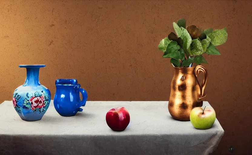 Image similar to Realistic still lifes photo studio, porcelain vase, apple, blue flowers, bottle of wine, skull, copper cup, golden hour 8k,High definition, ultra detailed