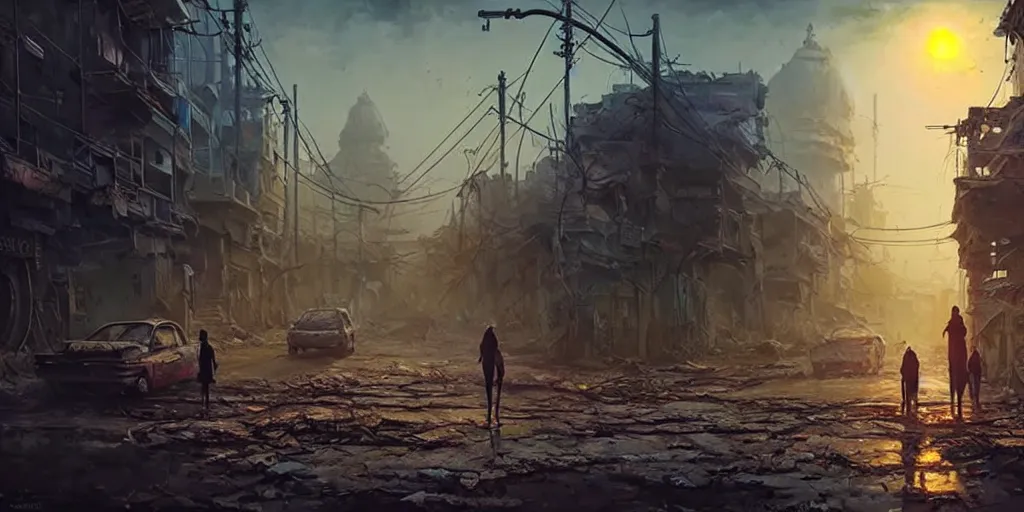 Prompt: a wholesome photo realistic animation key shot of a post apocalyptic city with hindu kovil urban landscape, covered by nature hipster vibes art by greg rutkowski, bloom, dramatic lighting