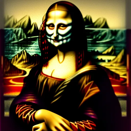 Image similar to scary Mona Lisa, horror, scary, ominous, terrifying, Mona Lisa, painting of skeleton Mona Lisa, skulls, flowers, 8k, digital art , trending on artstation