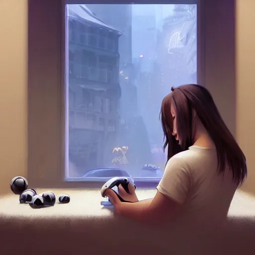 Image similar to Epic portrait a woman playing videogames in her room during nighttime, blurred backround, city window view, white t shirt and brown bang hair, digital painting, artstation, concept art, soft light, hdri, smooth, sharp focus, illustration, fantasy, intricate, elegant, highly detailed, D&D, matte painting, in the style of Greg Rutkowski and Alphonse Mucha and artemisia, 8k, highly detailed, jurgens, rutkowski, bouguereau, pastoral, rustic, georgic