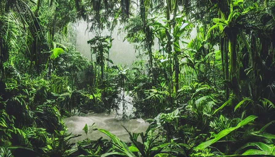 Image similar to a rainy foggy jungle, river with low hanging plants, there is a giant christal in the water, it is glowing, great photography, ambient light