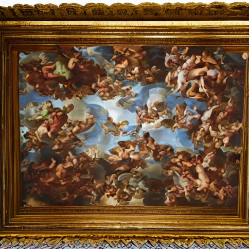 Prompt: A baroque painting of dogs running in fields of flowers, painted on the ceiling of a basilica by Michelangelo, gold and red color palette