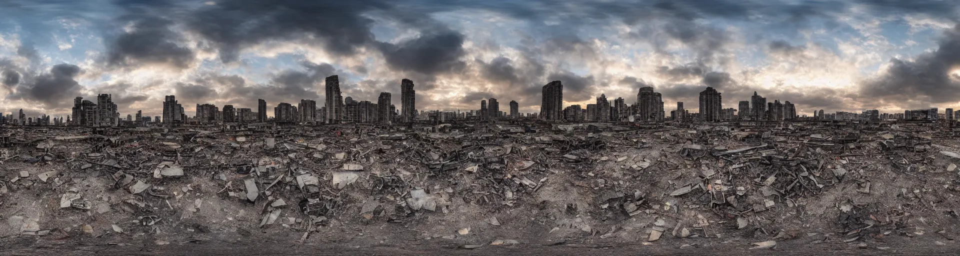 Image similar to A panorama of an ruined high-tech city, there are sparse signs of human activity. Day break. Dramatic sky. 4K.