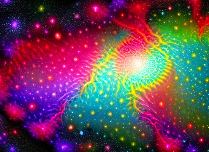 Image similar to fractal rainbow rivers, galactic nebula, highly detailed surrealist art