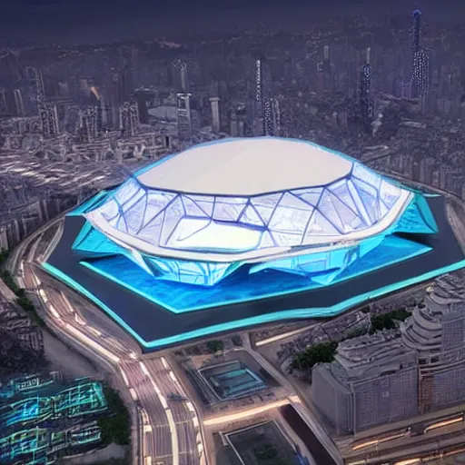 Image similar to a futuristic stadium floating in the middle of a city, hex shaped, hexadome, blue energy field hexagonal dome, unreal engine, epic lighting