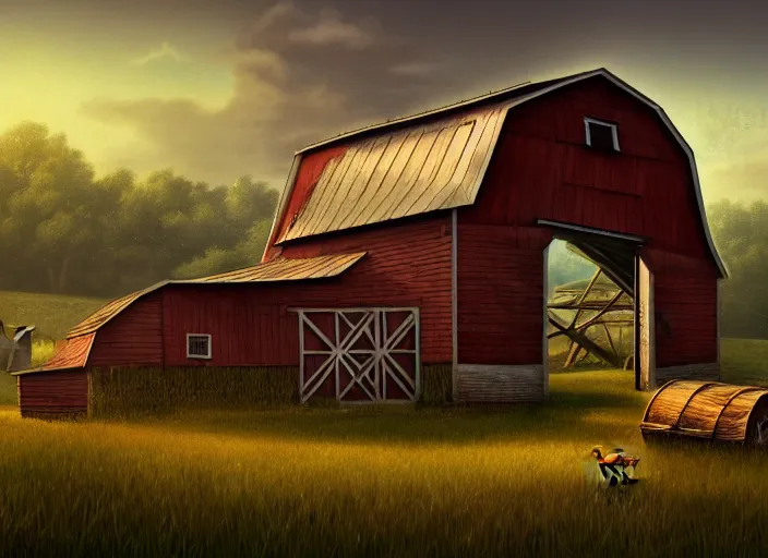 Prompt: A barn at an Iowan farm, barndoors broken open by a running baba yaga hut, game art matte painting hyperdetailed, artstation, cgsociety, 8k, surreal dream landscape