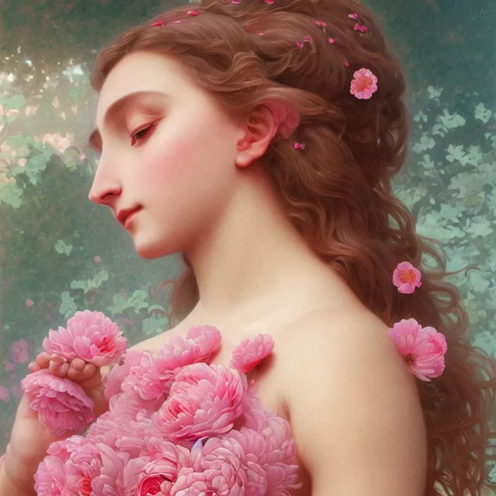 Prompt: a wonderful goddess with the body made of pink petals, intricate, elegant, highly detailed, wonderful eyes, sweet, digital painting, artstation, concept art, smooth, sharp focus, illustration, art by artgerm and greg rutkowski and alphonse mucha and william - adolphe bouguereau