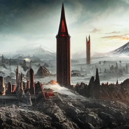 Image similar to mordor as a bustling city, highly detailed, sharp focus, skyline, vast, gothic, lord of the rings, mount doom, 4 k, fantasy