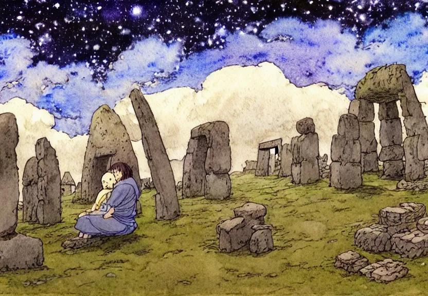 Image similar to a simple watercolor studio ghibli movie still fantasy concept art of a giant native man sitting on a tiny stonehenge in machu pichu. it is a misty starry night. by rebecca guay, michael kaluta, charles vess