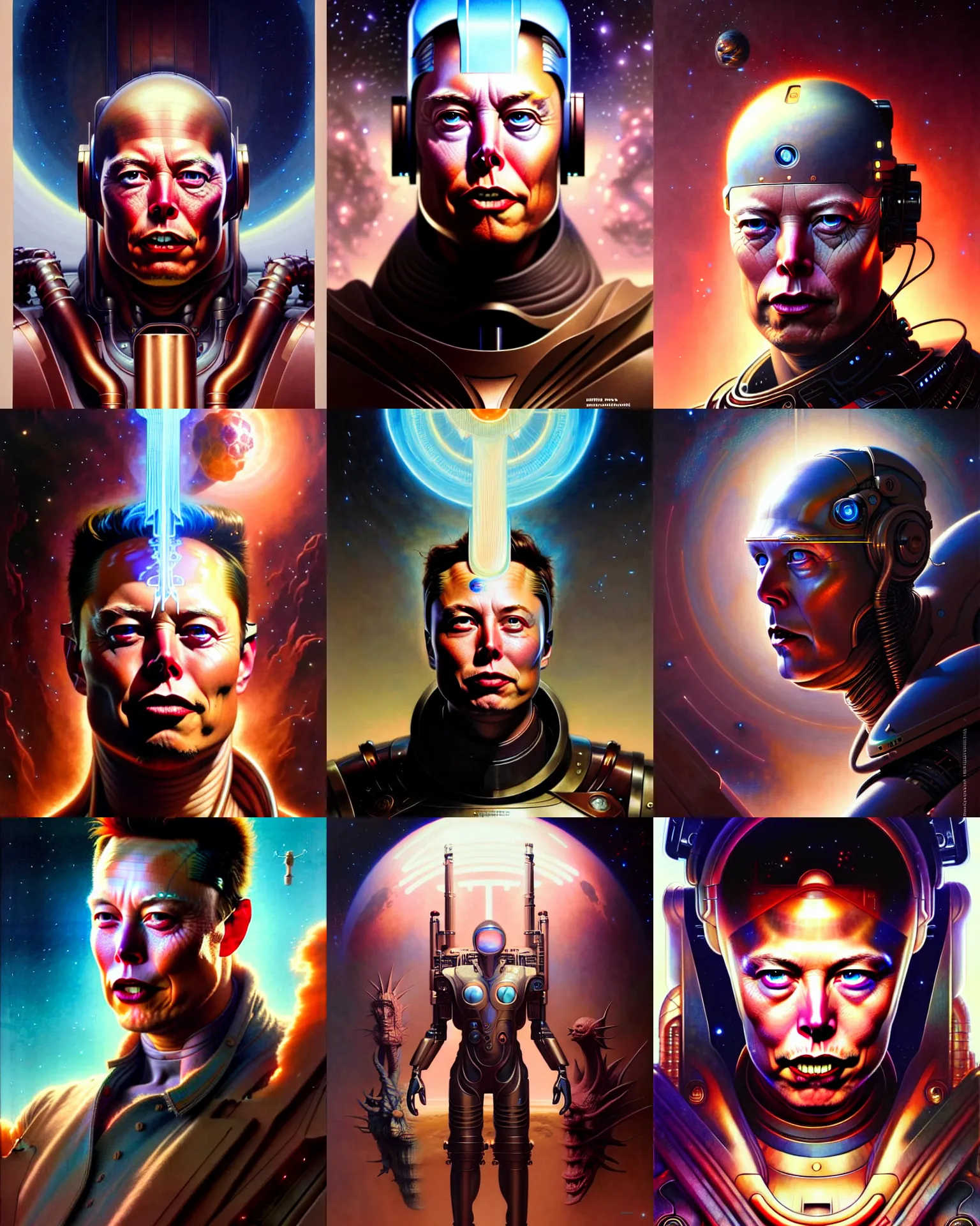 Prompt: beautiful elon musk god of mars fantasy character portrait, ultra realistic, cyborg, muted color, wide angle, intricate details, the fifth element artifacts, highly detailed by peter mohrbacher, hajime sorayama, wayne barlowe, boris vallejo, aaron horkey, gaston bussiere, craig mullins