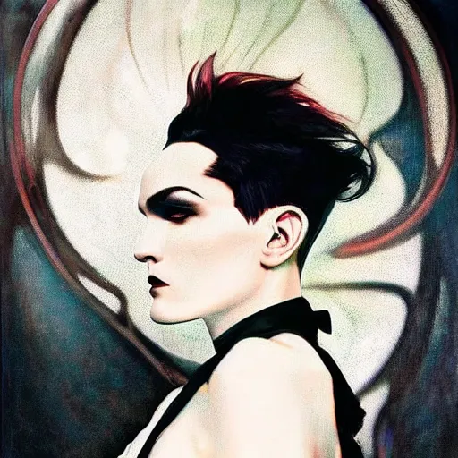 Prompt: stunning portrait of androgynous ruby rose as desire from sandman in a white tuxedo!!!, rockabilly style, by jeremy mann, by alphonse mucha, by peter lindbergh, dave mckean, by frank moth, white suit and black tie, soft lightning, high detailed, 8 k