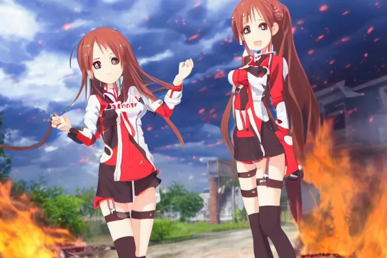 Prompt: disaster girl yuuki asuna standing in front of burning house looking at viewer by croxot