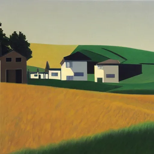 Image similar to dreaming futuristic rural landscape with modern houses, painted by Alex Katz and Edward Hopper, airbrush, highly detailed