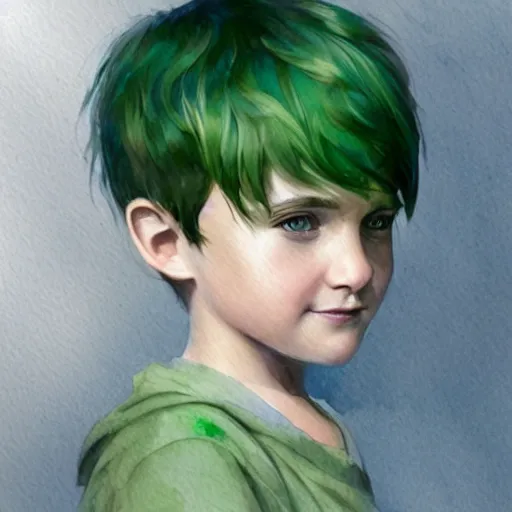 Image similar to child, young boy, green hair, short hair, happy, intricate, smiling, highly detailed, sharp focus, artstation, watercolor, by charlie bowater and ross tran