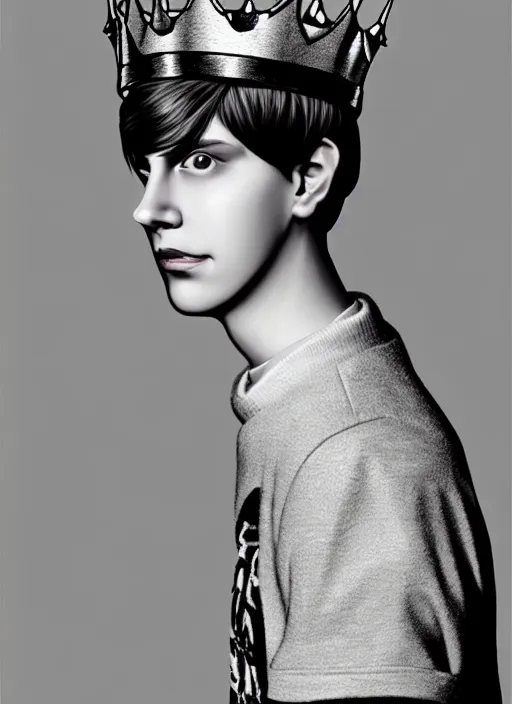 Image similar to portrait of teenage jughead jones wearing a light grey crown, photorealistic, crown made of fabric, crown made of felt, black hair, intricate, elegant, highly detailed, digital painting, glowing lights, artstation, concept art, smooth, sharp focus, illustration, art by wlop, mars ravelo and greg rutkowski