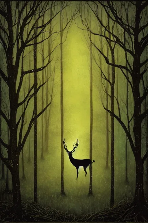 Image similar to stag, haunted woods, silhouettes, by andy kehoe
