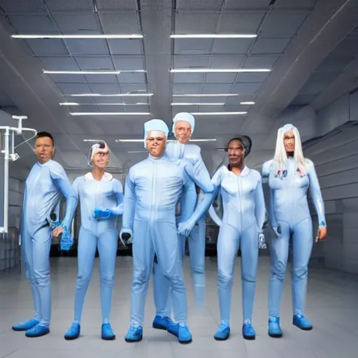 Prompt: troop of athletic humans with white hair wearing tight light blue latex suits, in formation, futuristic chemistry lab, sci - fi, highly detailed, hyperrealistic