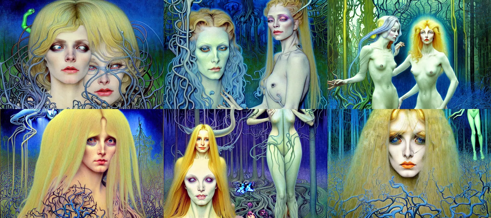 Image similar to realistic detailed portrait painting of a beautiful ghost woman with blond hair with an alien, futuristic sci-fi forest on background by Jean Delville, Amano, Yves Tanguy, Alphonse Mucha, Edward Robert Hughes, Roger Dean, rich moody colours, blue eyes