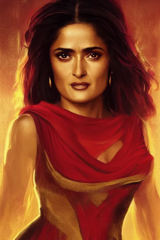 Image similar to portrait, Salma Hayek , Fantasy Queen , wearing a red and gold dress , face portrait, raphael lacoste, eddie mendoza, alex ross, concept art, matte painting, highly detailed, rule of thirds, dynamic lighting, cinematic, detailed, denoised, centred