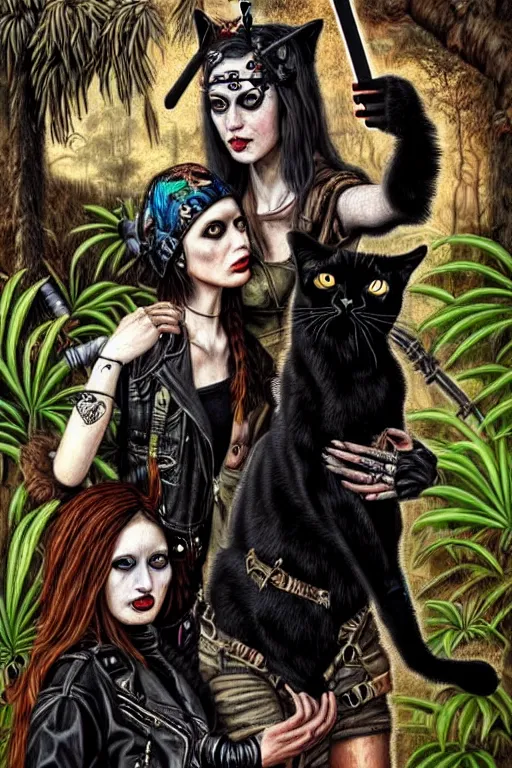 Prompt: punk rock girls making selfie with black cats in jungle , 1980 style, mad max jacket, post apocalyptic, renaissance, Gothic, highly detailed, digital painting, 4k, oil painting by Leonardo Da Vinci, hyper realistic style, fantasy by Olga Fedorova