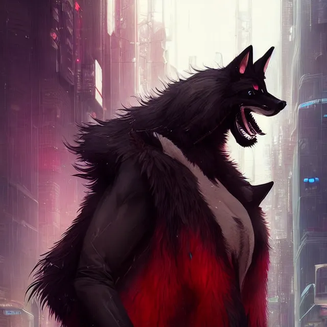 Image similar to a beautiful portrait of a handsome anthropomorphic humanoid black wolf fursona with long red hair in cyberpunk city. character design by cory loftis fenghua zhong ryohei hase isma