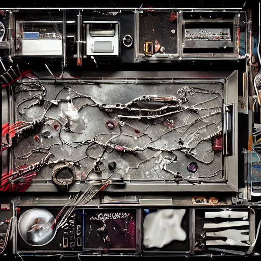 Image similar to cyberpunk room top view with table of dissection laboratorie experiment lote of chain, liquide in tube, technologique , technomancer , alien experimente the futur dark by Greg Rutkowski, Sung Choi, Mitchell Mohrhauser, Maciej Kuciara, Johnson Ting, Maxim Verehin, Peter Konig, Bloodborne , 8k photorealistic, cinematic lighting, HD, high details, atmospheric , trending on artstation