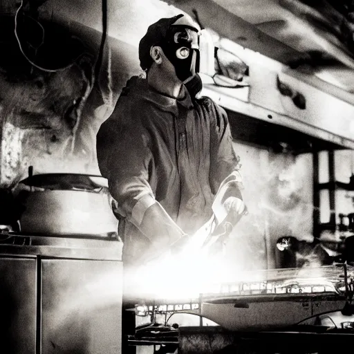 Image similar to cyborg toaster oven repairman, dark messy smoke - filled cluttered workshop, dark, dramatic lighting, orange tint, sparks, cinematic, highly detailed, sci - fi, futuristic, movie still