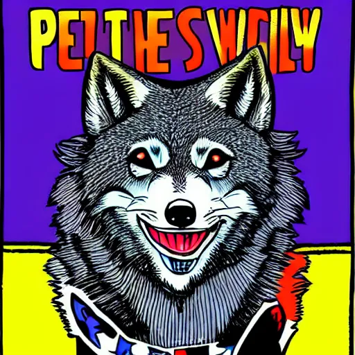 Image similar to portrait of retarded wolf, funny, squint eyes, rabies, propaganda style, vivid colors, poster style, he he