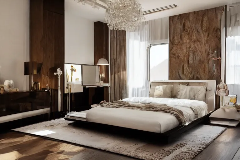 Prompt: A sunny bedroom, exquisite decoration, all Modernized furniture, high tech