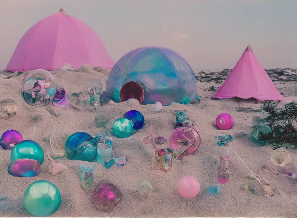 Image similar to a vintage family holiday photo of an empty beach from an alien dreamstate world with chalky pink iridescent!! sand, reflective lavender ocean water, dim bioluminescent plant life and an igloo shaped plastic transparent bell tent surrounded by holiday clutter opposite a pit with an iridescent blue flame flickering. refraction, volumetric, light.