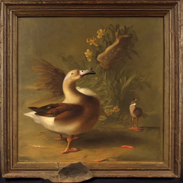 Image similar to baroque dutch painting from 1 6 7 0 of a duck holding a trangle