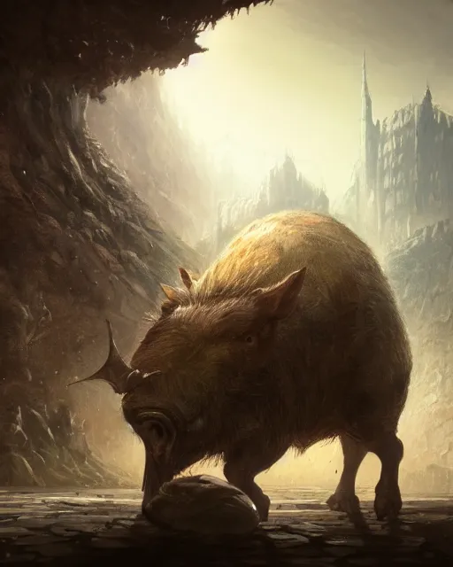 Image similar to Giant Boar looking at mouse, medium shot, fear, D&D, artstation, fantasy, magic the gathering artwork, cinematic lighting, centered, symmetrical, highly detailed, digital painting, , concept art, smooth, sharp focus, illustration, volumetric lighting, epic Composition, 8k, art by Akihiko Yoshida and Greg Rutkowski and Craig Mullins, oil painting, cgsociety