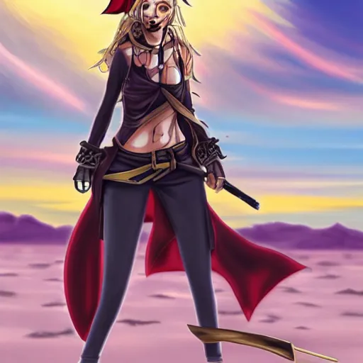 Prompt: Painting of a female anime pirate captain in the middle of a desert