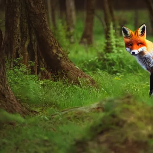 Prompt: Close-up of a fox in a magic forest with toadstools