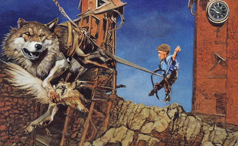 Image similar to a boy fighting a wolf on the edge of a clocktower, by josh kirby gouache, print