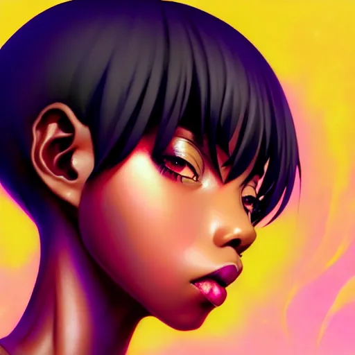 Prompt: portrait of a black anime manga girl with short french bob hair, by artgerm, james jean, tom bagshaw, gerald brom, vaporwave colors, lofi colors, vaporwave, lofi, goth vibe, 4 k, smooth, hd, substance designer render, full body character concept art, symmetrical, 2 point lighting,