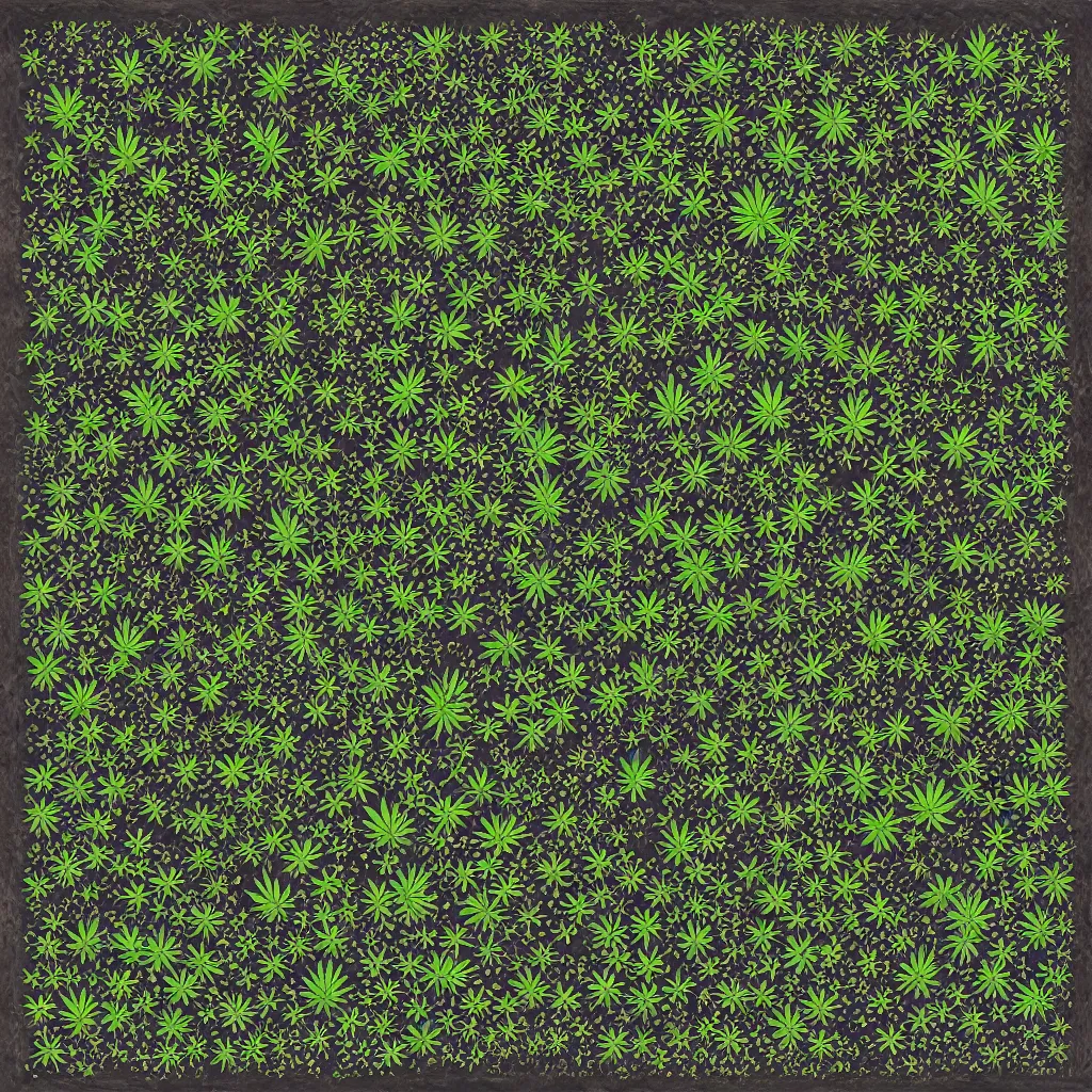 Image similar to camo made of out cannabis, smiling, abstract, maya bloch artwork, do hoang tuong artwork, cryptic, dots, stipple, lines, abstract, geometry, splotch, concrete, color tearing, uranium, acrylic, neon, pitch bending, cannabis plant leaves, faceless people, dark, ominous, eerie, minimal, points, technical, painting