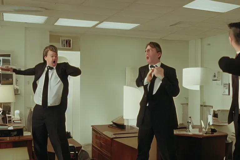 Image similar to cinematic still of portly clean-shaven white man wearing suit and necktie shouting at two other men his office in 1994 film, XF IQ4, f/1.4, ISO 200, 1/160s, 8K, RAW, dramatic lighting, symmetrical balance, in-frame
