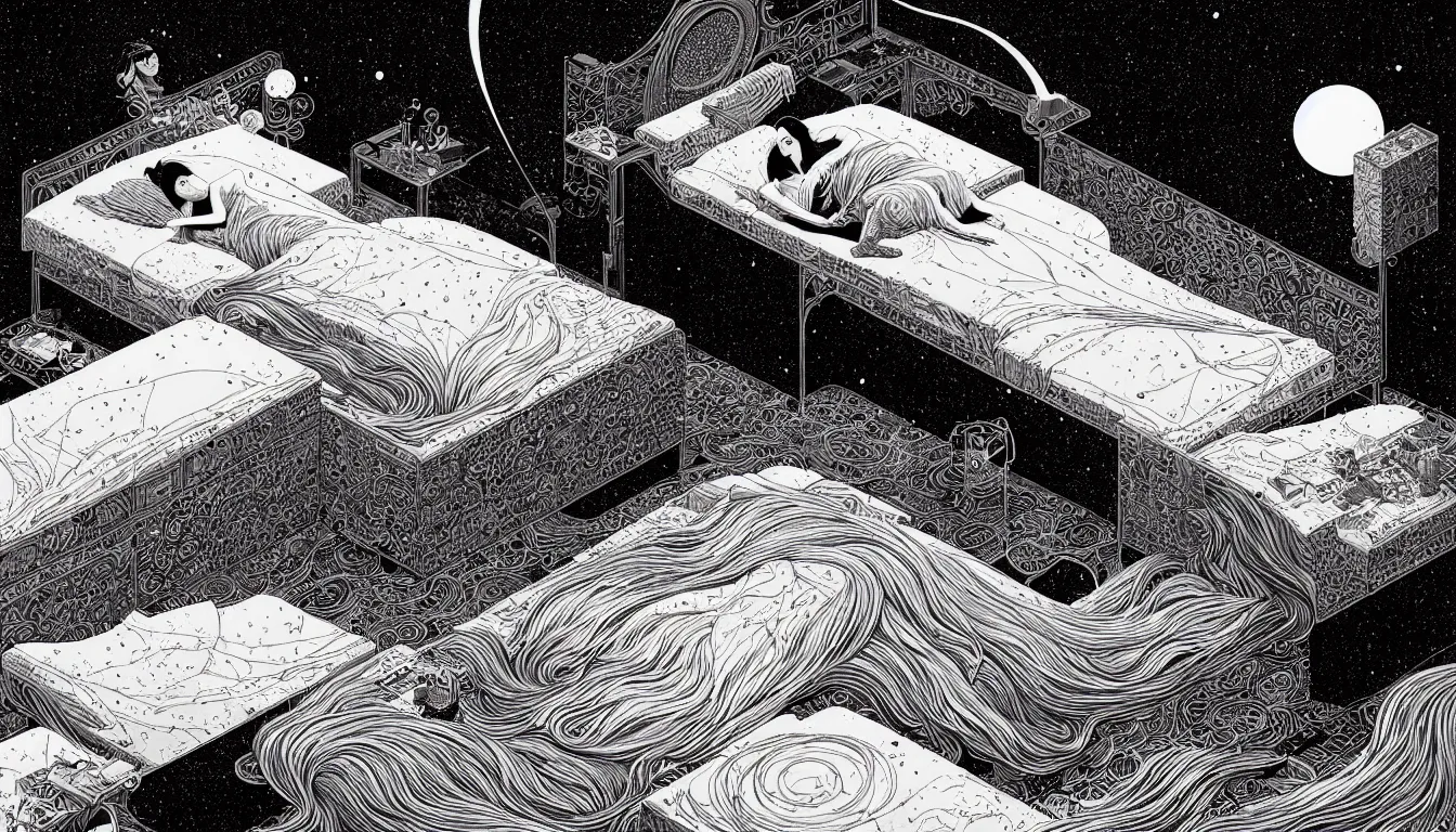 Image similar to laying in bed by nicolas delort, moebius, victo ngai, josan gonzalez, kilian eng