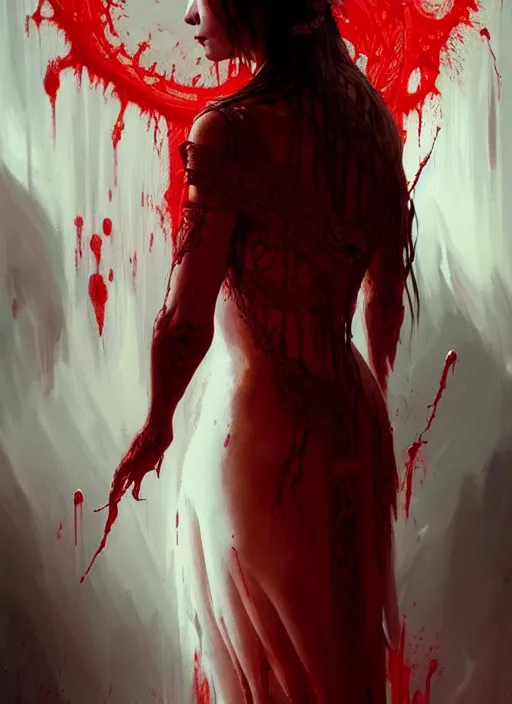 Image similar to portrait of a beautiful demon in a flowing dress made of blood, carving glowing bloody runes into a profane altar, intricate, elegant, highly detailed, digital painting, artstation, concept art, smooth, sharp focus, illustration, art by wlop, mars ravelo and greg rutkowski