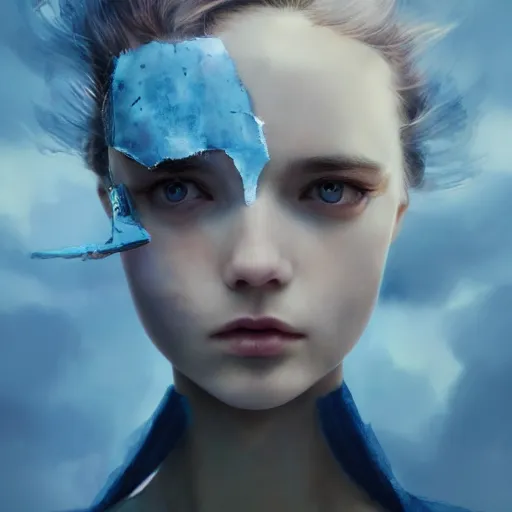 Prompt: close - up, sleepy fashion model face, sun, cinematic, clouds, vogue cover style, dystopian art, poster art, futuristic, blue mood, fantasy artrealistic painting, intricate oil painting, high detail, 3 d, by tooth wu and wlop and beeple and greg rutkowski