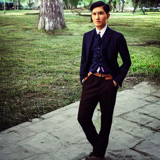 Image similar to outdoor portrait of jose rizal as a handsome young man in 2 0 2 2, 3 0 years old wearing stylish modern clothes, photo taken in 2 0 2 0, 3 5 mm f 1. 4 digital photo, matte colors