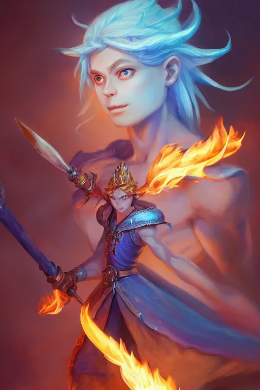 Image similar to legendary fairy prince hold flame staff, blue energy, highly detailed, d & d, fantasy, highly detailed, digital painting, trending on artstation, concept art, sharp focus, illustration, global illumination, ray tracing, realistic shaded, art by artgerm and greg rutkowski and fuji choko and viktoria gavrilenko and hoang lap