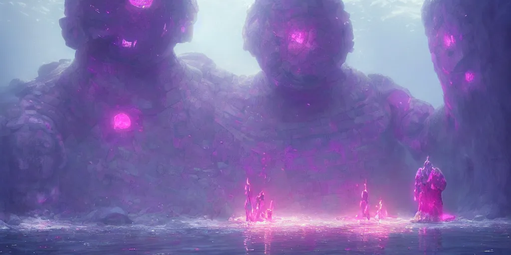 Image similar to giant golem made of crystal, bright pink purple lights, underwater, d & d, art by greg rutkowski