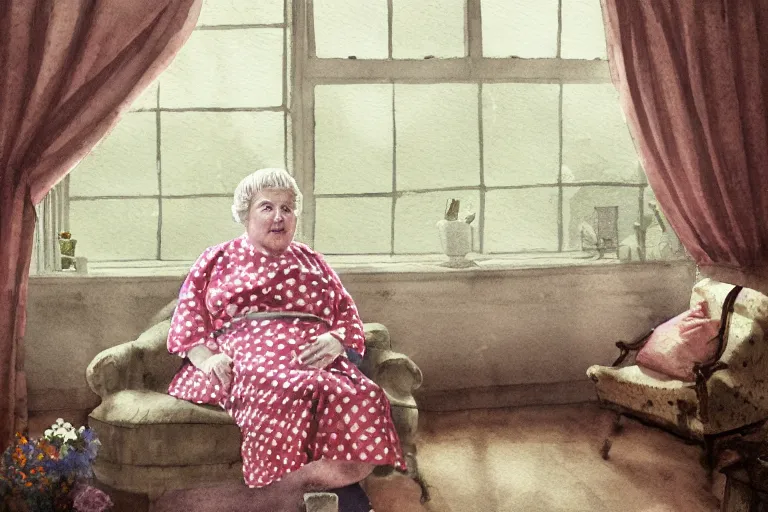 Image similar to charming and chubby old lady, wearing a polka dot cloths and a victorian - style hairdo, lye on the fancy sofa, in the large and bright studio. sunlight enters through the barred window. delicate watercolor and pencil on canvas. beautiful lighting, 4 k post - processing, highly detailed, 5 k extremely detailed, 3 d. cinematic scene.